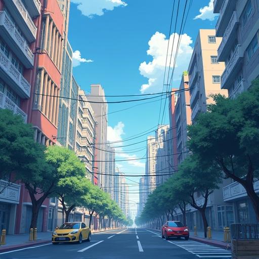 City scene illustrated in 2D anime style. Bright colors and clear daylight. Features cars and trees lining the street.