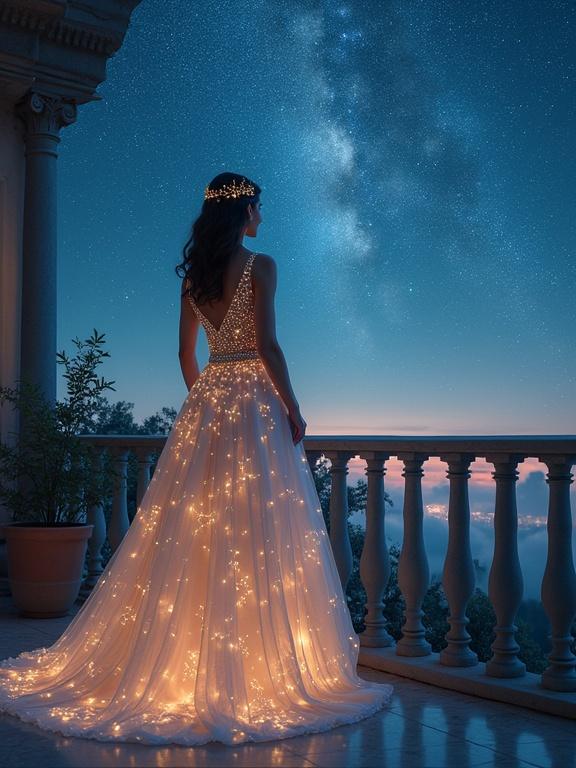 A beautiful woman stands on a balcony. She wears a gown filled with lights. The sky is starry and ethereal. The view shows a dreamy landscape.
