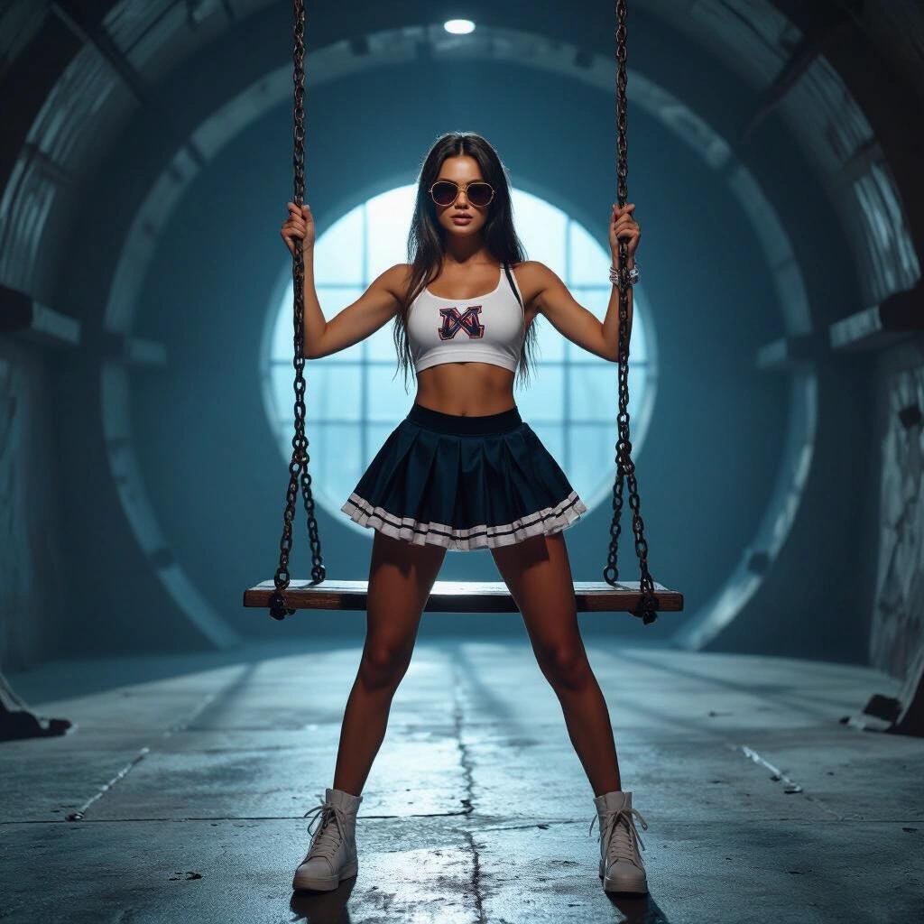 Future scene featuring a cute female model in a cheerleader outfit. Model stands confidently on a swing with sunglasses. Scene set in a big dark dungeon.