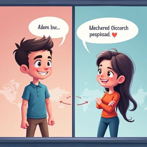 Sleek split-screen showing two Discord users from different countries. Both users smiling with greeting text in their languages. Kiki connecting their texts with animated translation arrows.