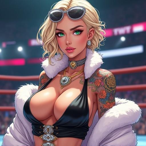 Anime image featuring a 67-year-old woman with emerald green eyes in a brightly lit martial arts arena. She has short light blonde curly hair and wears a luxurious fur coat. Detailed tattoos and jewelry complement her powerful look. Emphasizes martial arts combat style with futuristic elements.