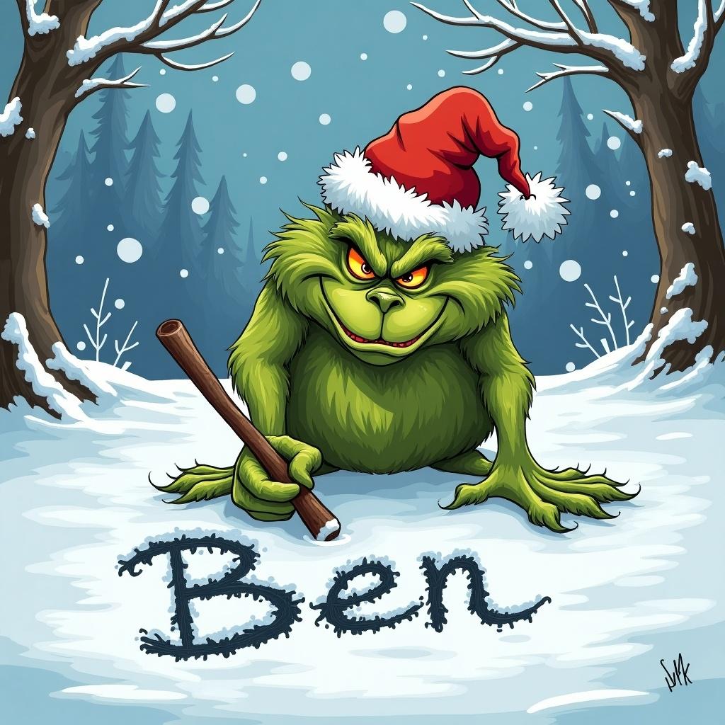 Grinch writing the name Ben in snow. Character looks mischievous and festive. Background features snow-covered trees. Grinch wears Santa hat and holds a stick.