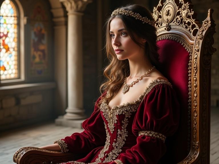 Princess with noble features and delicate expression on a richly decorated throne in a grand medieval castle. Deep burgundy gown with golden embroidery, elegant headpiece, stone columns and stained glass windows create a majestic atmosphere.