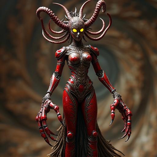 Resin figurine depicts a cosmic horror goddess. She has a scorpion body and insect-like features. Upper body showcases detailed armor with red and metallic tones. Her eyes glow yellow. Twisting tendrils crown her head. Arms resemble those of an insect with claw-like limbs. Lower body is an insect abdomen with a hard chitinous tail ending in a stinger. The background features a swirling brown-toned vortex. Overall presentation is mystical and powerful.