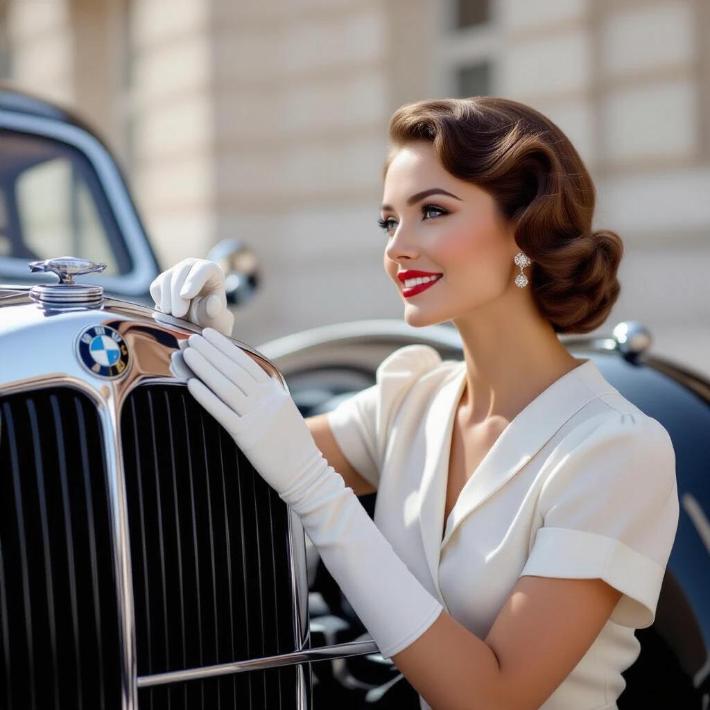 Vintage scene showcasing 1936 BMW 328 Roadster. Woman wearing silk blouse and white gloves gently touches the BMW emblem. Captured at hood level with rim lighting accentuating the chrome details. Subtle proud expression gazing at the emblem. Leading lines of the hood direct focus to the center. Emblem reflects mountain scenery.