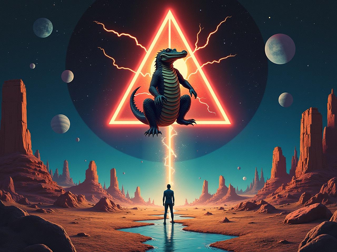 This artwork presents a surreal landscape that serves as an album cover for a rock band. The central focus is a gigantic gator, glowing and positioned within a pentagonal symbol. Lightning bolts emanate from the symbol, highlighting the otherworldly elements around it. In the background, various planets and moons dot the sky, creating a rich cosmic atmosphere. A river runs through the alien terrain, reminiscent of images from the James Webb Space Telescope. The scene evokes an intriguing mix of wonder and tension, suggesting a story of discovery and confrontation with the cosmos.