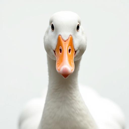 Close-up full-frontal view of a white duck's head. Duck looking directly at the camera with clear sharp eyes. Background is simple to emphasize duck's facial features and white feathers.