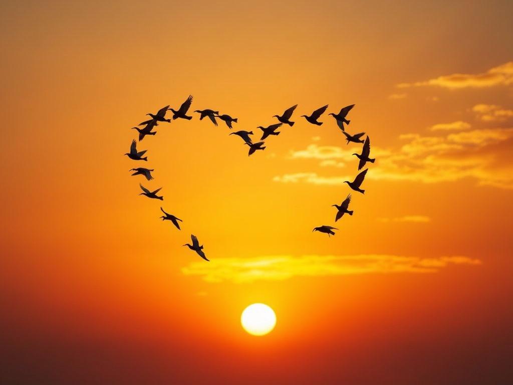 A flock of birds is flying in a beautiful heart formation against the backdrop of a vibrant sunrise. The sun is rising or setting, casting warm hues of orange and yellow across the sky. The birds are silhouetted against the bright colors of the horizon. Their formation creates a lovely heart shape, symbolizing love and unity in flight. The scene evokes a sense of peace and tranquility, capturing a perfect moment in nature.