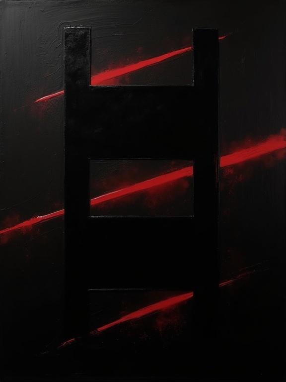 Digital oil painting features a black background. Harsh paint strokes are visible. Cubist and unfinished elements are present. Flat colors combine with dynamic silhouette design. Minimalist style showcases repeating voids shaped like film negatives. Shadows combine with cubist edges resembling a film strip frame.