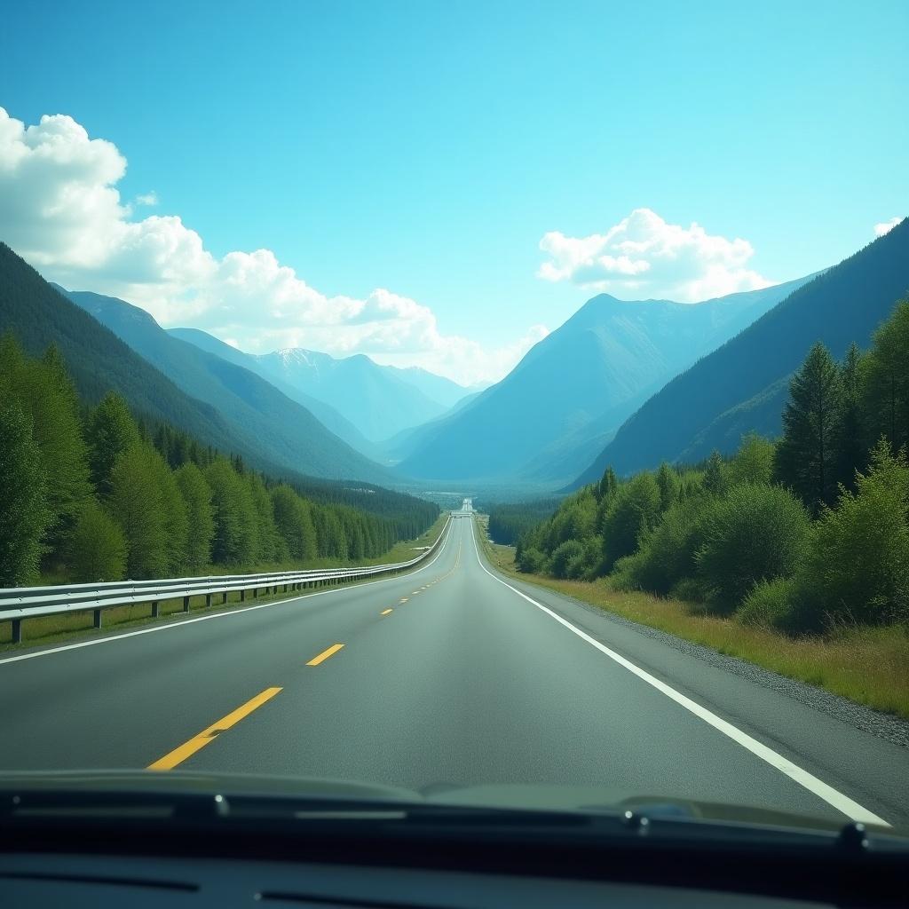 This image captures a scenic highway winding through a mountainous landscape. The view is from inside a vehicle, showing a straight road that leads towards distant mountains. Lush green trees line the sides of the road. The sky is bright blue with fluffy white clouds, creating a beautiful contrast. The entire scene evokes a sense of freedom and adventure, ideal for road trips. It's a perfect representation of open roads and nature, inspiring viewers to appreciate travel and exploration.