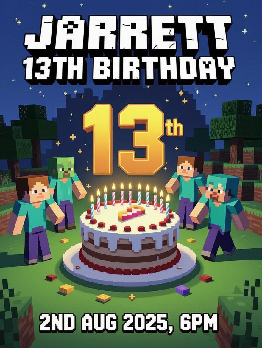 Birthday celebrations in a Minecraft world. Text on top reads 'Jarrett 13th Birthday.' A large cake on the ground. Surrounded by Minecraft characters. Text at the bottom: '2nd Aug 2025, 6PM.'