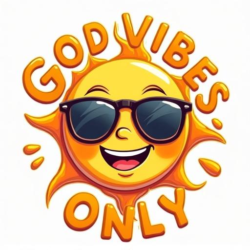 A smiling sun with sunglasses drawn in a vintage cartoon style from the 70s. Thick outlines feature warm yellow-orange tones. Playful text around sun reads Good Vibes Only in bubble letters. Minimal background designed for t-shirts. Eye-catching and nostalgic.