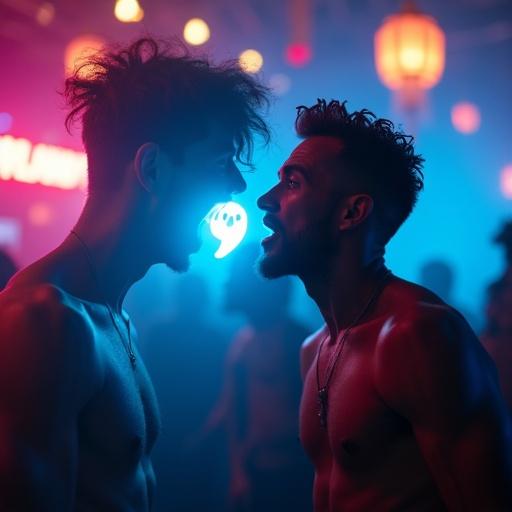 Cinematic scene in a vibrant nightclub atmosphere filled with colorful LED lights. Attractive man with fashionable clothing looks shocked at a tiny glowing blue ghost. The ghost enters his mouth. Body distorts cartoonishly with limbs stretching. Eyes flicker in surreal patterns. Expression changes to a seductive smile after distortion subsides.