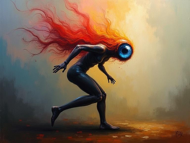 Surreal abstract painting featuring a fragmented figure in motion with exaggerated limbs. Dominant eye as focal point with vibrant blue iris. Bold color scheme with warm and cool tones. Blurred atmospheric background with dynamic brushwork. Evoke feelings of mystery and introspection.