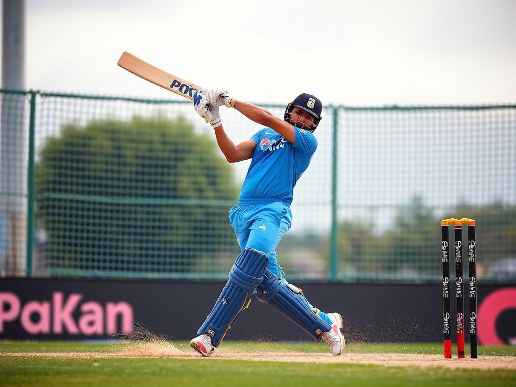 A cricket player in dynamic action is captured mid-swing, displaying excellent technique and concentration. The player, clad in a blue uniform, is poised at the crease with focus evident in their body language. A netted fence in the background and the visible dust from the ground add to the intensity and atmosphere of the sport.