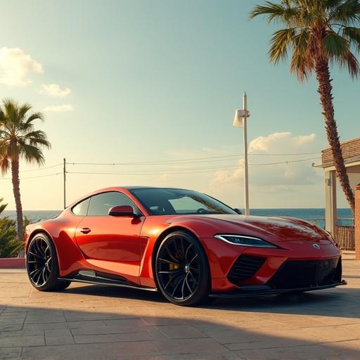 Realistic image of a modern car prominently displayed in a summer holiday setting. Sunny weather with palm trees in the background. Car has a sleek design and is parked by the beach.