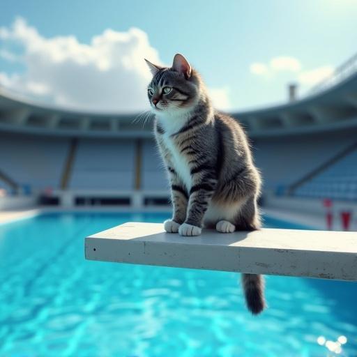 Vertical image of Maine Coon cat standing at edge of diving board overlooking blue pool. Cat looks tense with ears flattened and tail twitching. Below, crystal-clear water with ripples; blurred stadium stands and blue sky in background. Hyper-realism style, detailed fur and glimmering water. Low-angle shot to emphasize height.