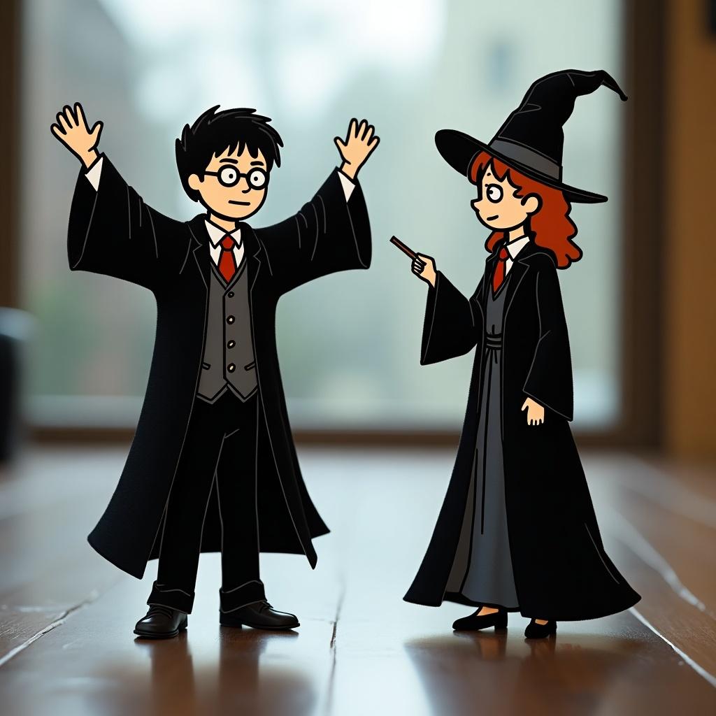 Two stick characters in wizard and witch outfits. Wizard on the left with arms raised. Witch on the right pointing towards the wizard. Background is glass.