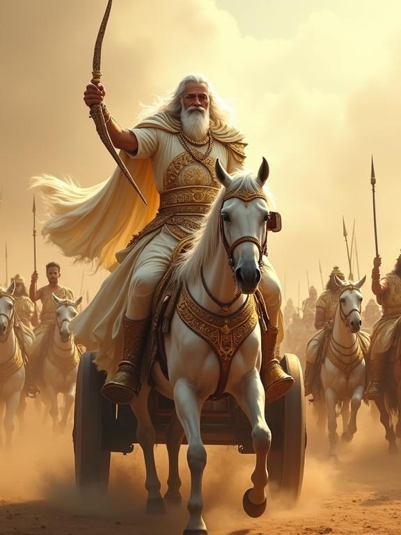 Elder warrior Bhishma on a chariot. He has silver hair and wears white and golden armor. Holds a bow high. Behind him, cheering Kaurava army. Heavenly light aura. Dust and war chants in background.