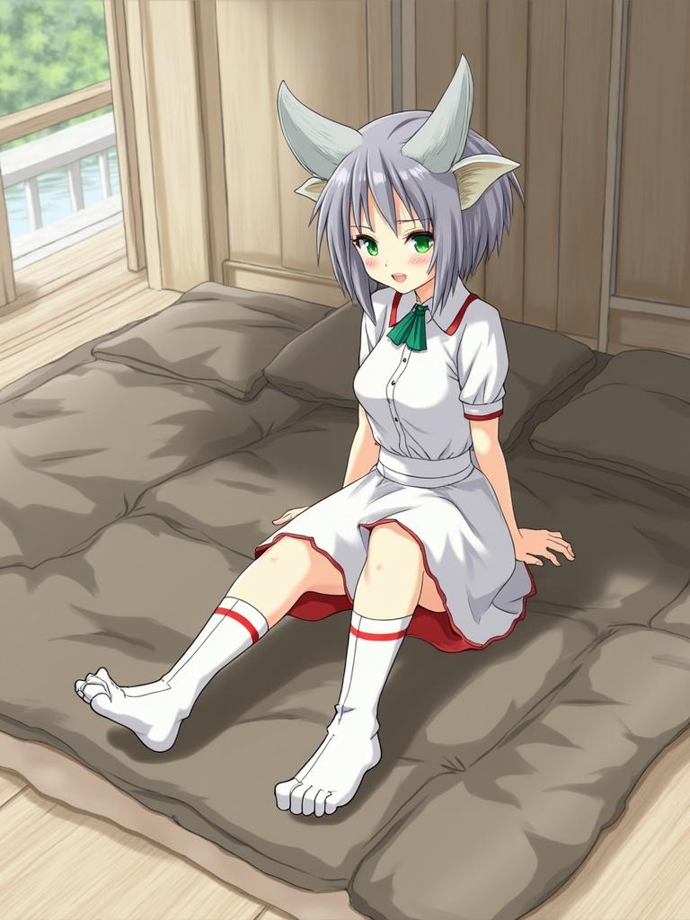 Eris Greyrat character illustration with disgusted expression. Character has gray hair and green eyes. Horns on her head. She wears a white dress with red accents and knee-high socks. She sits on a bed looking down at her feet. Background is a wooden room setting.