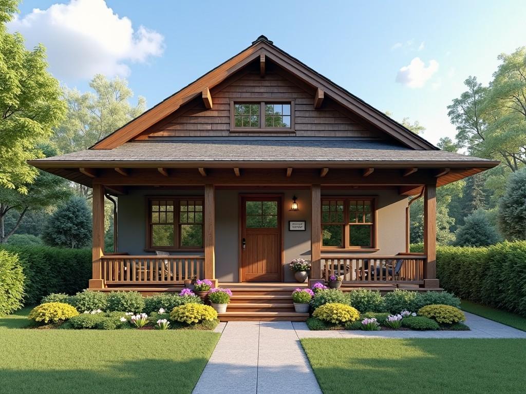 a charming wooden cottage with a front porch, surrounded by a landscaped garden, under a bright blue sky