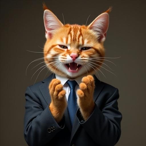 A semi-realistic cat wears a suit and claps its paws together. The cat has a proud grin and a slightly curled tail.