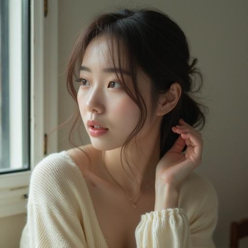 A woman in a cozy setting by a window. Soft natural light highlights her features. She has a serene expression and a relaxed posture. The atmosphere is calm and intimate.