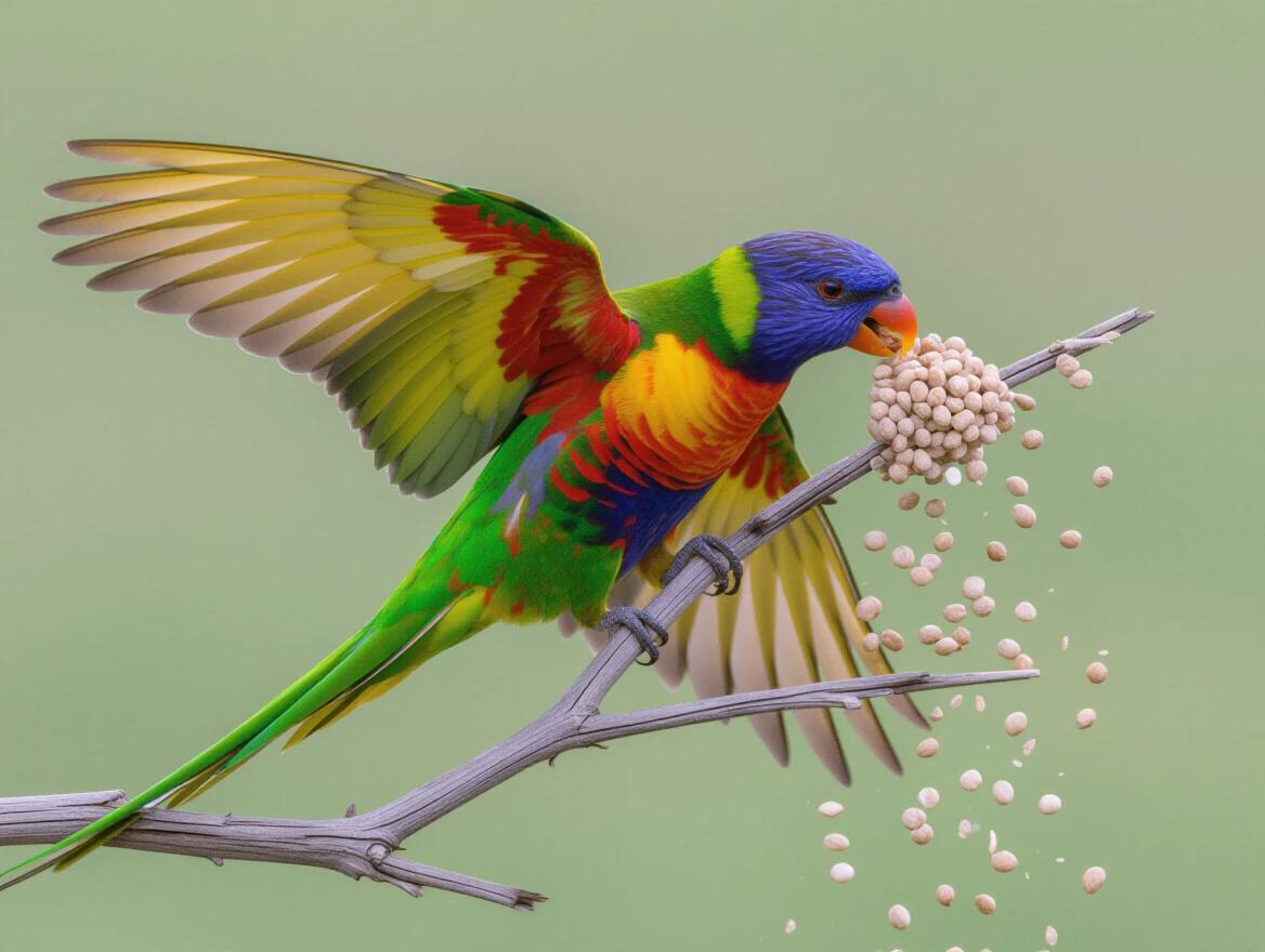 Colorful parrot with vibrant feathers sitting on a thin branch. It holds bird food with its outstretched wing. The background is softly blurred to emphasize the bird's colors.