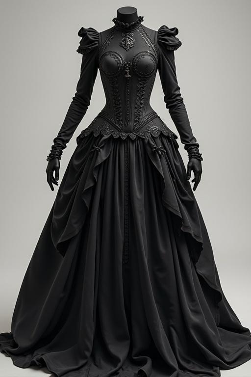 Dress design inspired by witch and medieval aesthetics featuring long sleeves corset and voluminous skirt