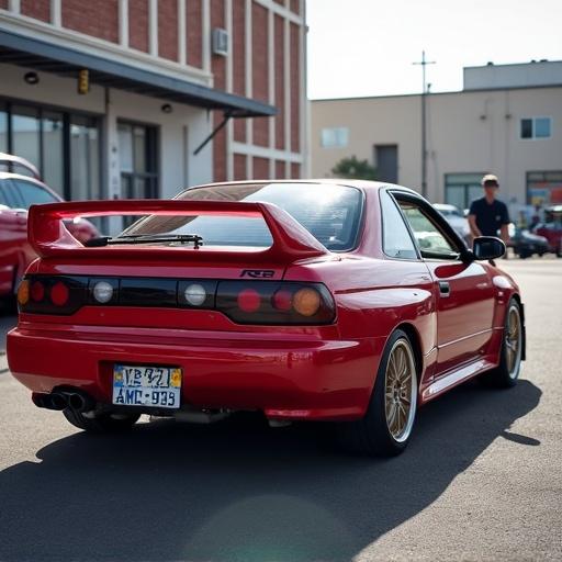 R32 Taisan car parked with other buildings in background. Car shows sporty features with iconic rear spoiler.