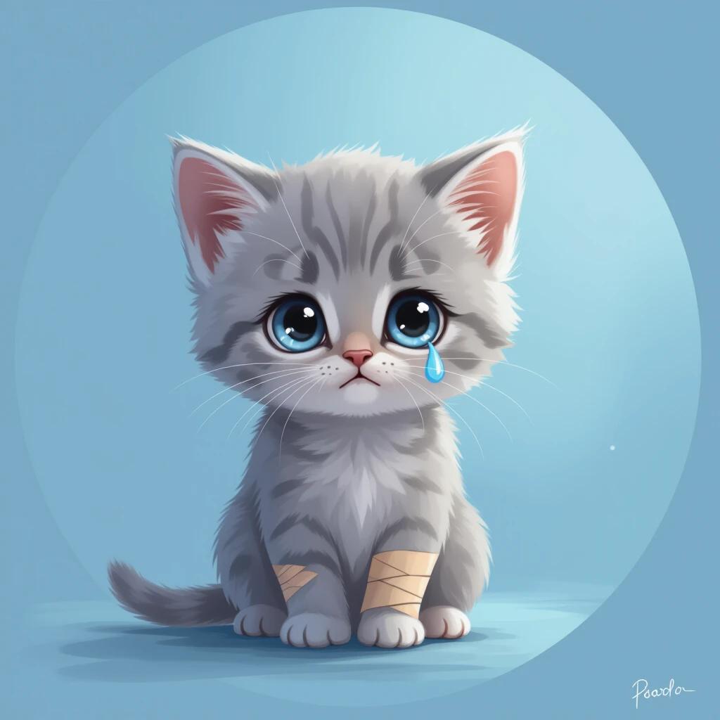 A small sad kitten sitting alone with a teardrop falling from one eye. The kitten has light gray fur and soft shadows around its face. Subtle bandages are on one paw and ear. The background is a soft blurry blue gradient. Centered composition in a round frame, emotionally expressive style.