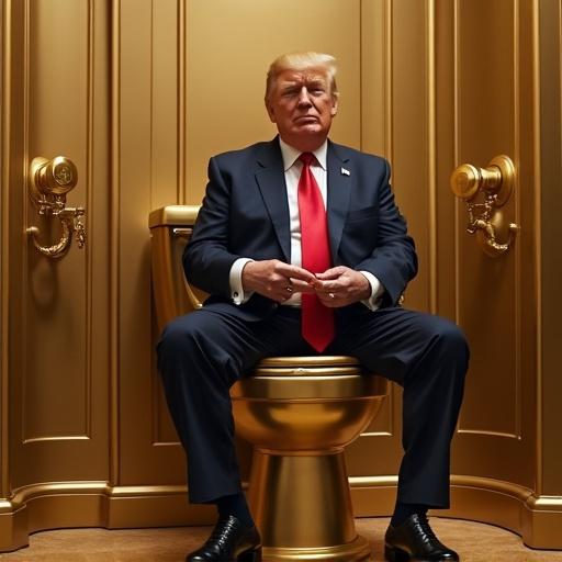 A figure in a suit sits on a lavish golden toilet. The figure shows exaggerated expressions of discomfort.