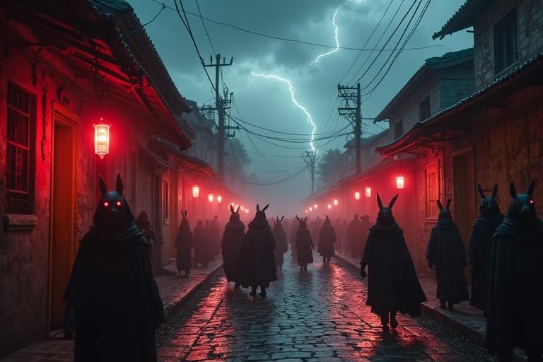 Ultra-HD 4K scene in Chandrapur's dark streets. Stormy sky with lightning. Villagers hiding behind colorful stalls. Shadow warriors in black cloaks. Red eyes and jagged weapons. Wet cobblestones reflecting red light. Chilling atmosphere with detailed textures.
