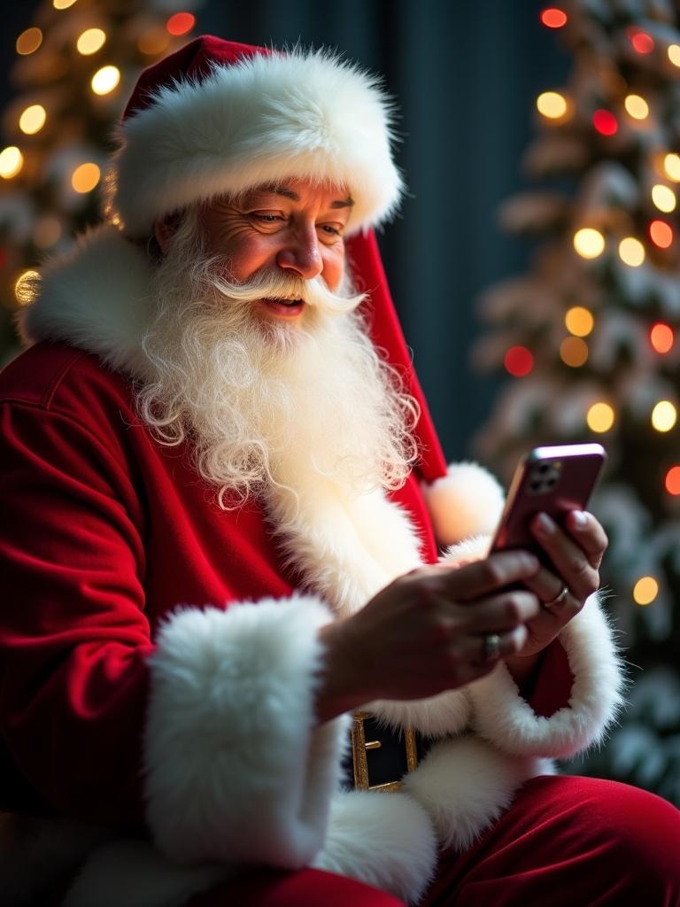 Santa holding smartphone in festive setting. Warm lights in background. Christmas atmosphere. Traditional Santa attire with red suit and white fur. Bright colors and joyful spirit.