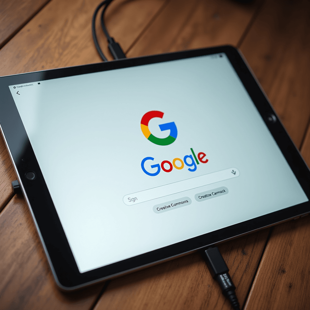 A tablet displaying the Google search page on a wooden table.