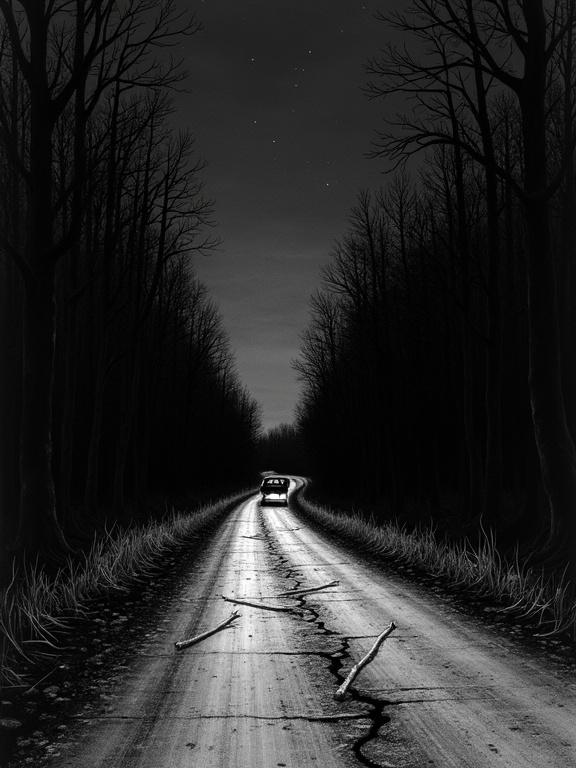 Dark country road stretches into the distance under a starless night sky. Asphalt is broken with potholes. Tall twisted trees form a natural tunnel on both sides. A small vintage car moves slowly along the road with headlights on. Two fallen branches cross the road. There are faint red dots in the background suggesting an unseen presence.