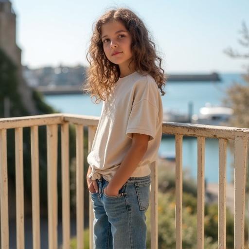 A young girl stands on a balcony wearing a large natural-colored T-shirt and blue jeans. She has tousled curly brown hair. The background shows a sunny harbor in Normandy. The scene feels peaceful and quiet.