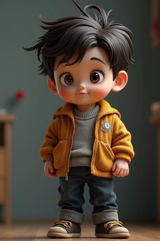 A ten-year-old boy with brownish black hair wearing a yellow jacket and grey sweater standing in a room