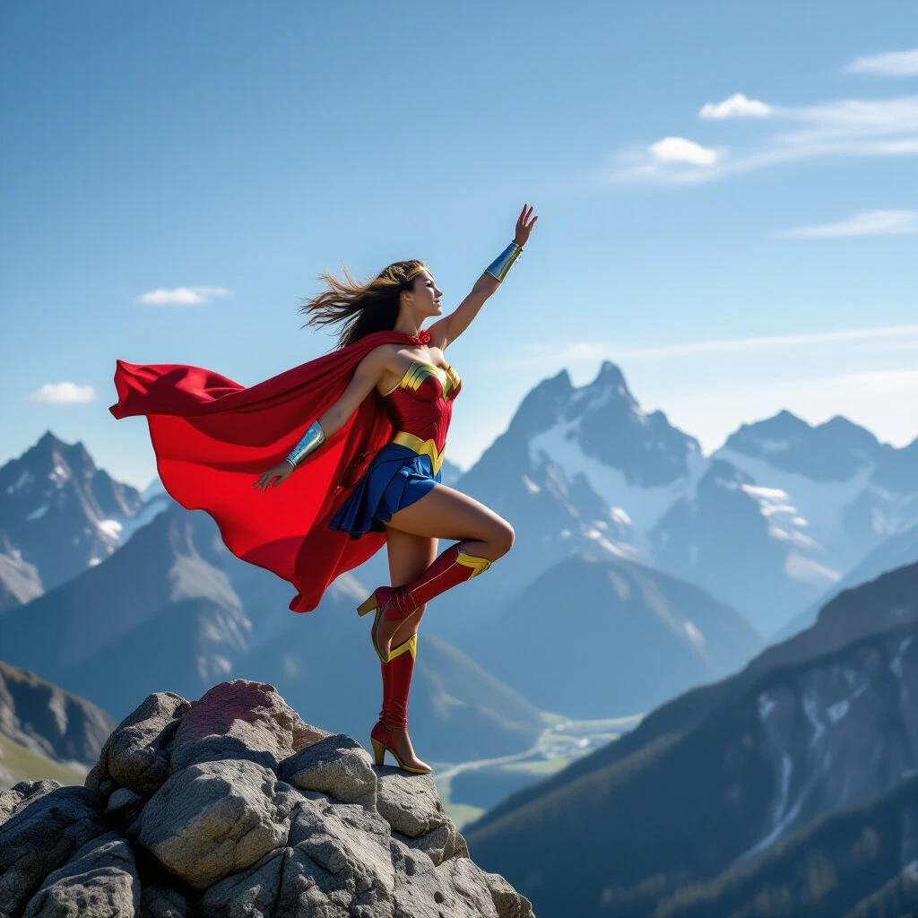 A superhero woman stands on a mountain peak. She has a vibrant red cape. The landscape shows majestic mountains in the background. The scene captures a sense of adventure and empowerment.