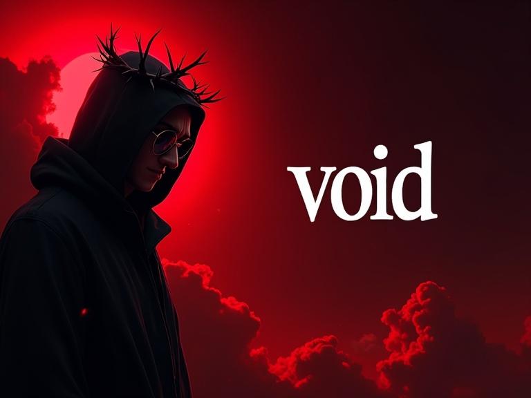Futuristic red and black themed YouTube banner featuring mysterious hooded statue with crown of thorns on left side, dramatic red clouds background, bold white text 'void' on right, clean cartoon-style male avatar in hoodie with glasses next to text, cinematic lighting, dark moody atmosphere, 2560x1440 resolution with safe zone composition.