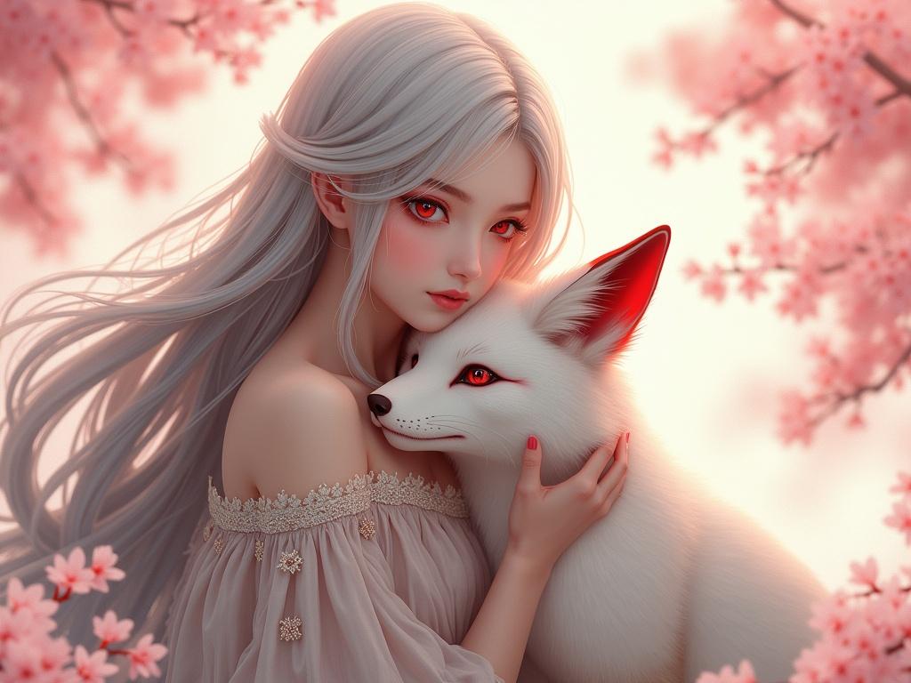 The image features a female figure with long, flowing, silver hair, characterized by a soft expression and delicate features. She is wearing an elegant, traditional outfit embellished with intricate designs, partially draped over her silhouette. The subject is leaning closely to a white fox with striking red markings, creating an intimate bond between them. The background is softly blurred with pink cherry blossoms, enhancing the gentle and serene atmosphere. The lighting is warm and ethereal, further emphasizing the dreamy quality of the scene.