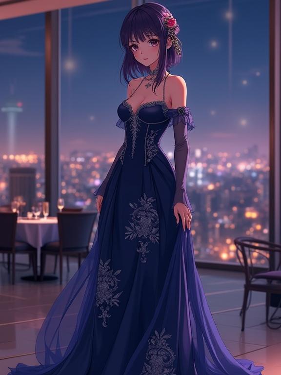 Anime lady with dark violet hair. Elegant off-the-shoulder gown. Sky lounge at night. Gentle smile and inviting gaze. Warm, dim lighting with cityscape. Full body shot with refined atmosphere.