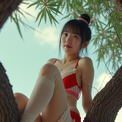 Low angle analog photo of petite Asian woman inspired by Diao Chan in a traditional Chinese garden. She sits with legs crossed on a tree branch. She wears a red mini skirt and a light pink bra with cream stockings. Her hair is tied with a traditional hairpin. She has glossy blue eyes and is smiling. The photo has a nostalgic feel with visible film grain.