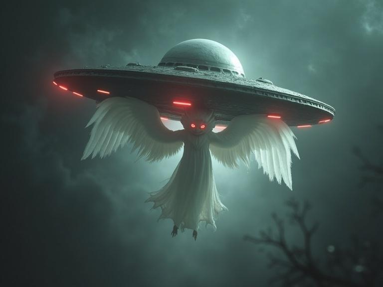 White evil angels with shiny red eyes emerging from saucer-shaped UFO in a dark hellish environment. A blend of horror and sci-fi elements creates a mysterious atmosphere.