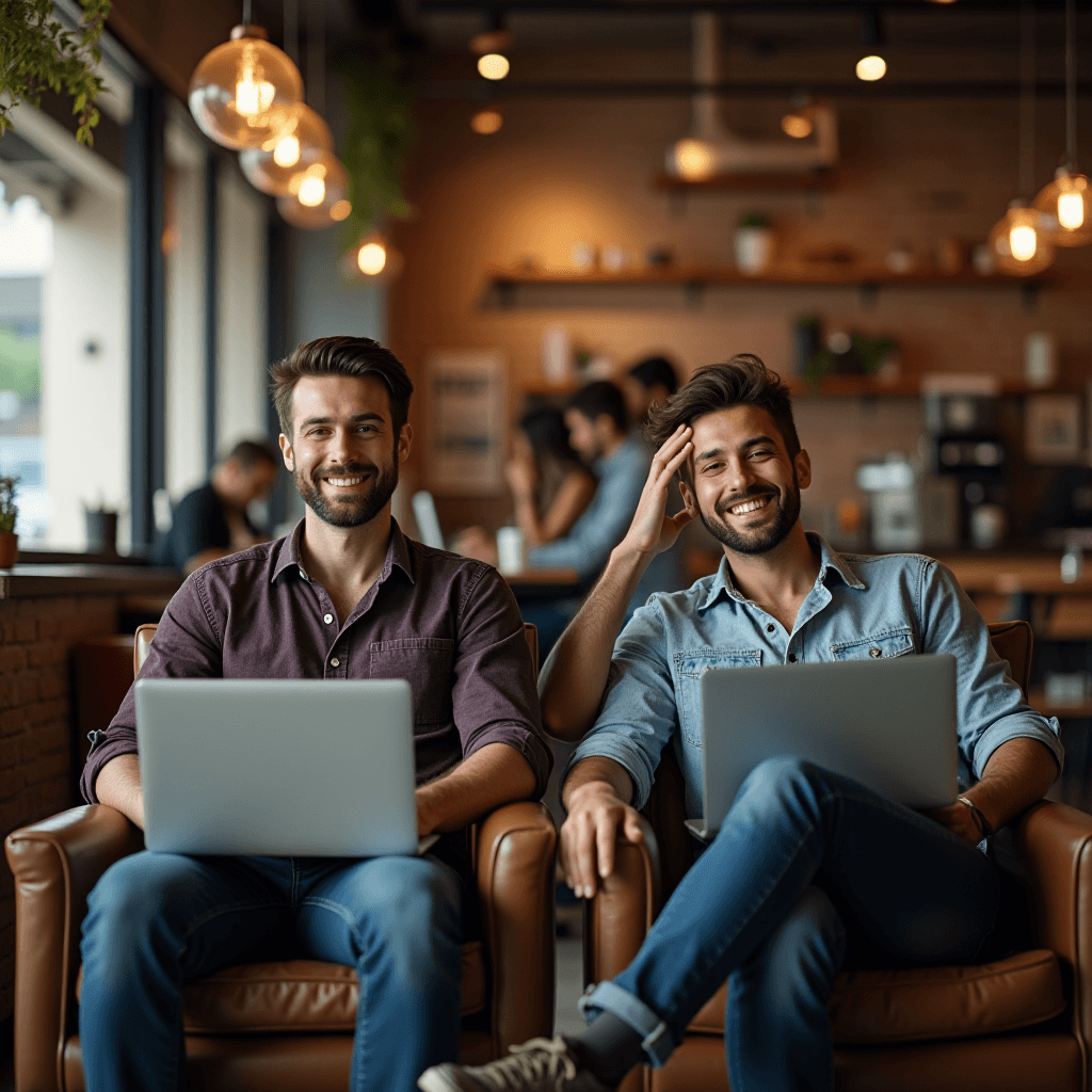 The image features two young men sitting comfortably in a stylish coffee shop, both holding open laptops. They are seated on modern brown leather chairs, side by side, with large smiles, suggesting a friendly and relaxed atmosphere. The background reveals a contemporary coffee shop ambiance with people working and socializing in the background. Warm lighting from hanging bulbs enhances the cozy and inviting vibe, while indoor plants add a touch of greenery. The scene captures a moment of focus and camaraderie, hinting at a collaborative or creative endeavor.