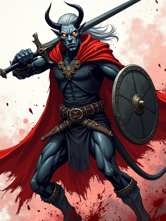 Colored sketch of a tall male tiefling with ash-gray skin and amber glowing eyes. He has long silver hair in a high ponytail and sleek black curved horns. Mid-swing with a black longsword, wearing a chainmail shirt and red cloak with a shield on his back. Blood splashing around in a dynamic pose, comic book style with bold cel-shading. Stylized by Gabriel Rubio.