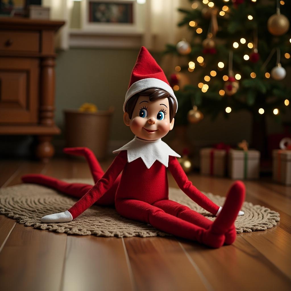 Elf character dressed in red and white sits on the floor. Christmas tree adorned with lights and decorations is in the background. Presents surround the base of the tree. Soft texture rug sprawls on the wooden floor.