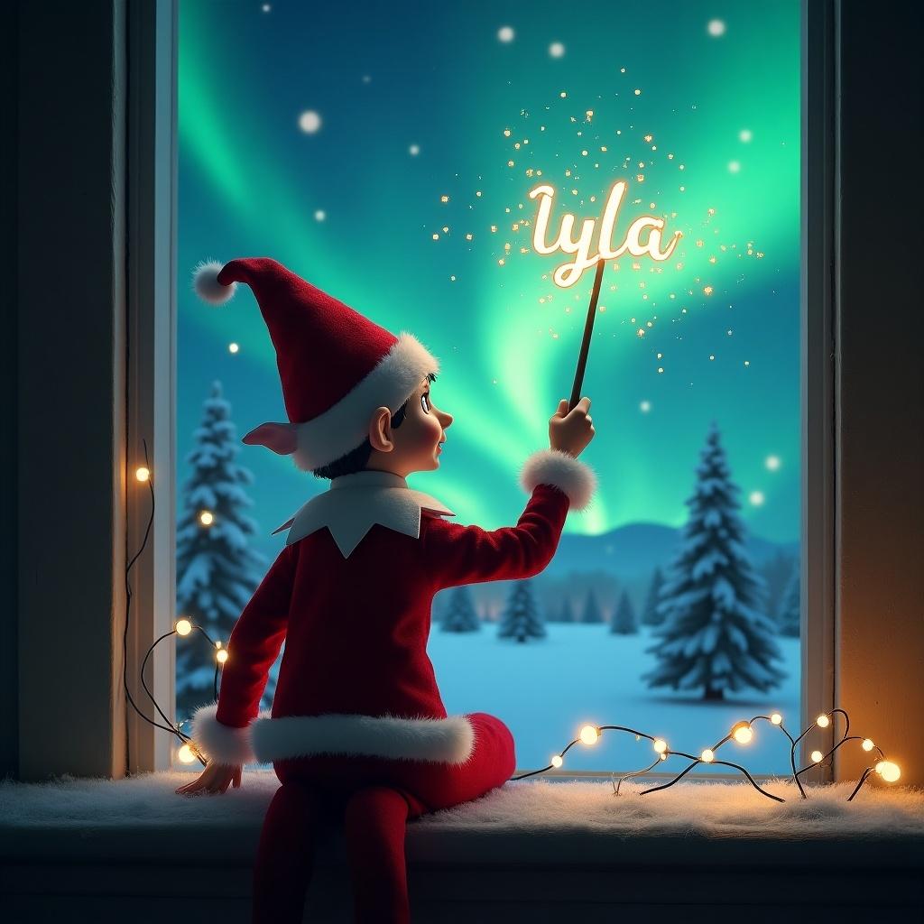 Elf on the Shelf positioned with back facing the viewer. Elf is using a wand to write Lyla in the sky. Background features a magical Christmas scene with northern lights and Santa Claus.