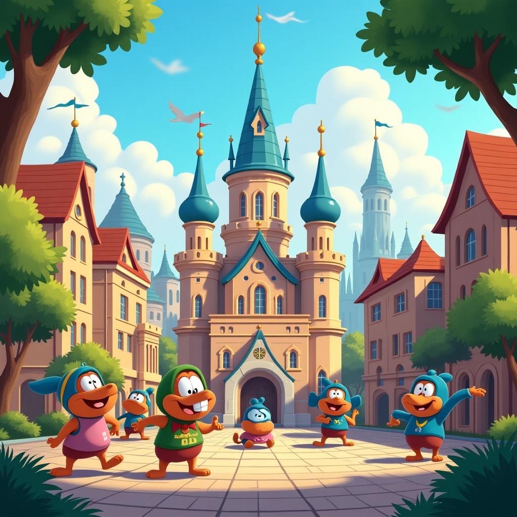 Create a poster depicting a Disney-style animated film set in a fictional city inspired by Berdichiv. Include colorful buildings, a fantasy castle, and cheerful animated characters.