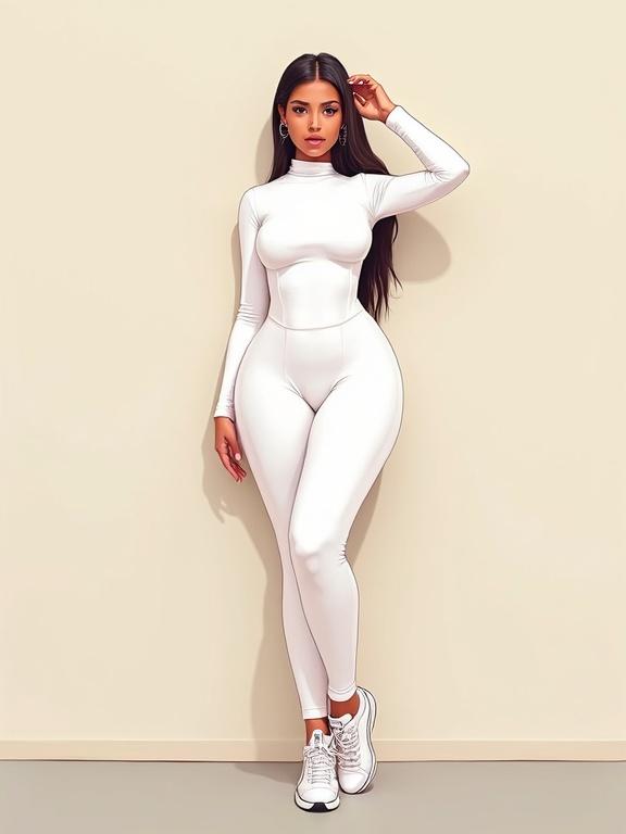 Illustration of a confident woman with wide hips and thick thighs wearing a white bodysuit and sneakers. She poses with her hand on her head against a wall. The view is front-facing and she looks directly at the viewer while standing.